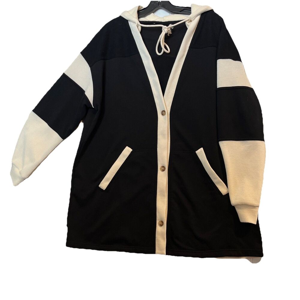Hazel Blue Women’s Black White Relaxed Long Sleeve Hoodie Sweater Pockets Large